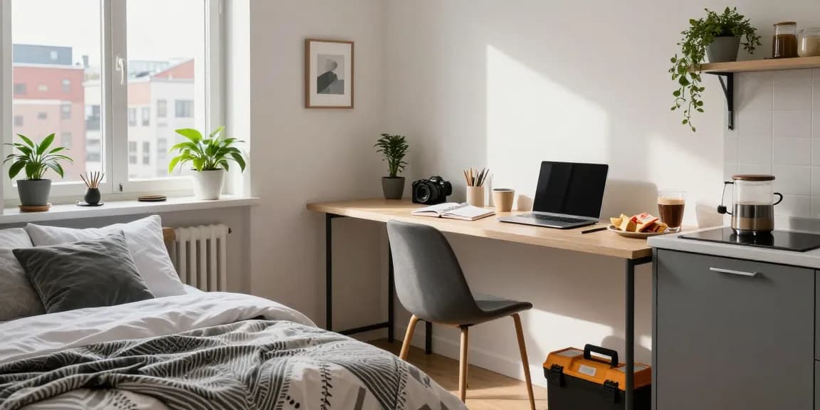 Monteurzimmer mieten Hannover: gemütliches Zimmer mit Arbeitsplatz, Küche und Stadtblick für Monteure und Reisende