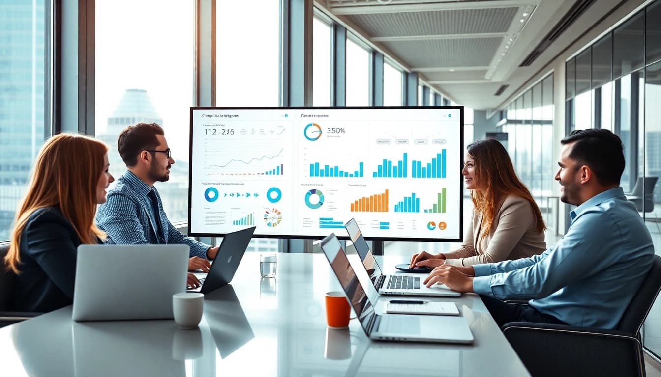 Analyze B2B competitive intelligence through a dynamic team collaboration in a modern office setting.