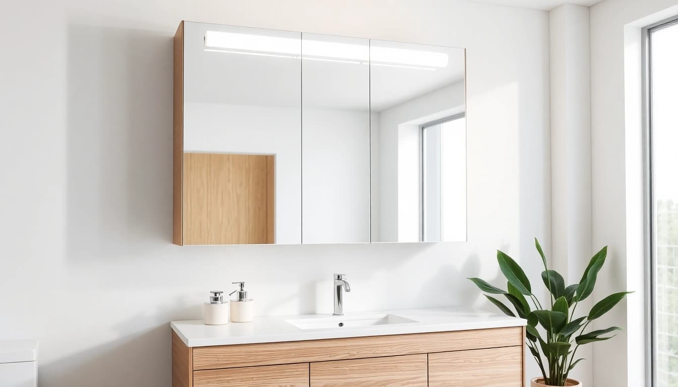 Showcasing a stylish mirrored bathroom cabinet with light in a contemporary setting