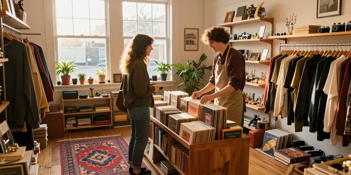Thrift shop scene featuring cozy atmosphere with unique finds and warm light, engaging community experience.