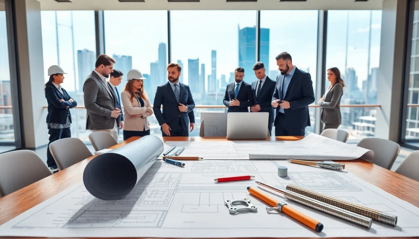 Construction association professionals collaborating over blueprints in a bright conference room.