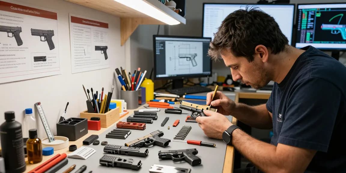 Custom gunsmith working on precision Glock slides at precisionglockslides.com with detailed tools.