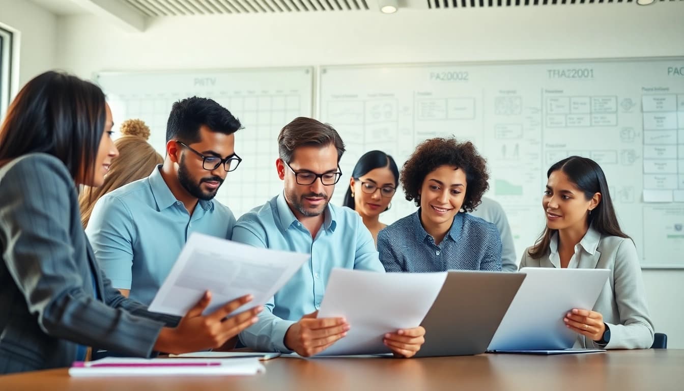 Collaborative team engaged in Proposal Writing and Management activities in a modern office.