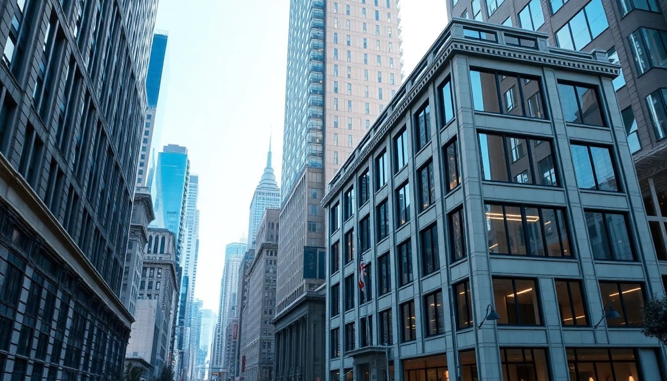 Showcasing a stylish office building by a New York Commercial General Contractor set amidst a vibrant city skyline.
