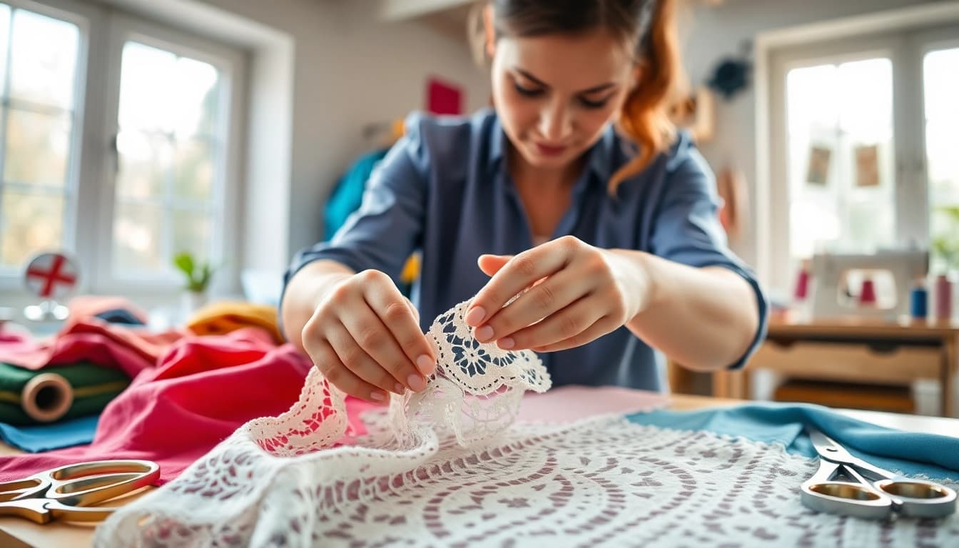 Kant stof voor kleding verwerkte door een naaister in een lichte, creatieve werkplaats.