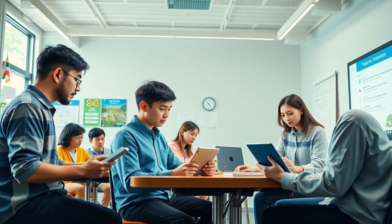 Youdao language learning platform showcased in a modern classroom with students using digital tools.