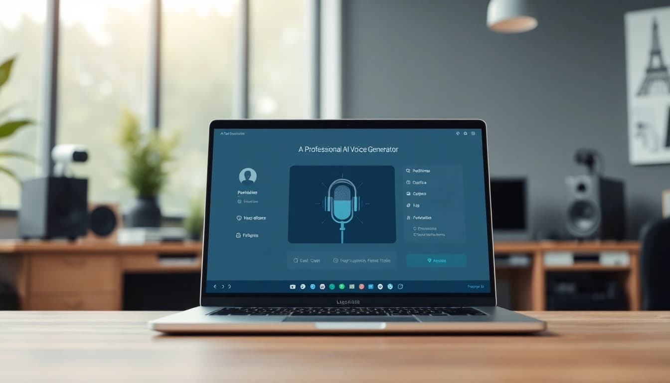 Generate AI Voice using an innovative interface on a sleek laptop.