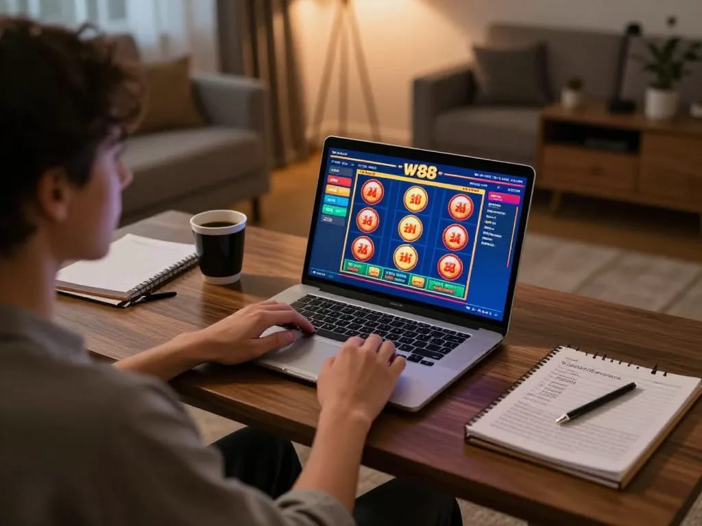 Engaging gameplay on w 88 slots showcased in a cozy home setup with warm lighting.