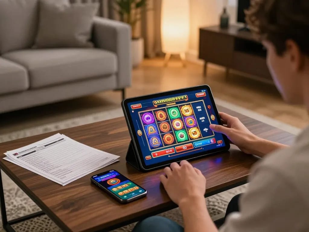 Engaging tablet gameplay at home focused on tg8 online casino strategy with colorful graphics and cozy atmosphere.