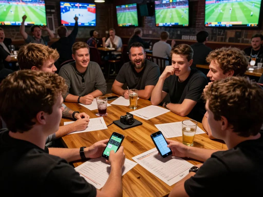 Engaged bettors analyzing live odds on their smartphones while enjoying sports events at QQ88 sportsbook.