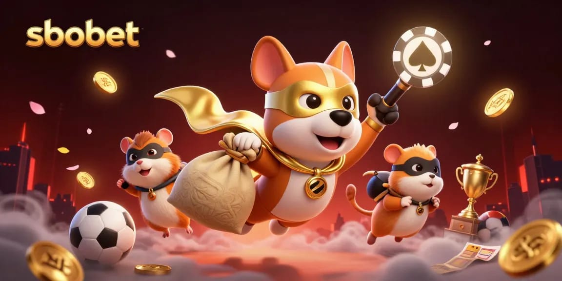 Engage in thrilling sbobet betting with sporty characters, gold coins, and excitement in the air.