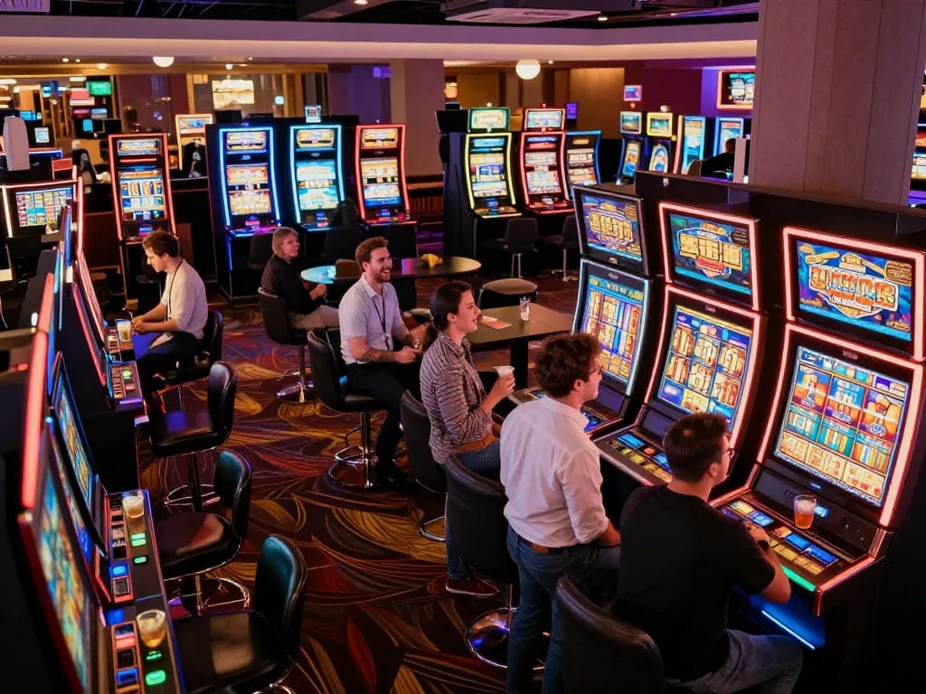 Players enjoying เว็บสล็อตตรง amidst vibrant slot machines in lively casino atmosphere.