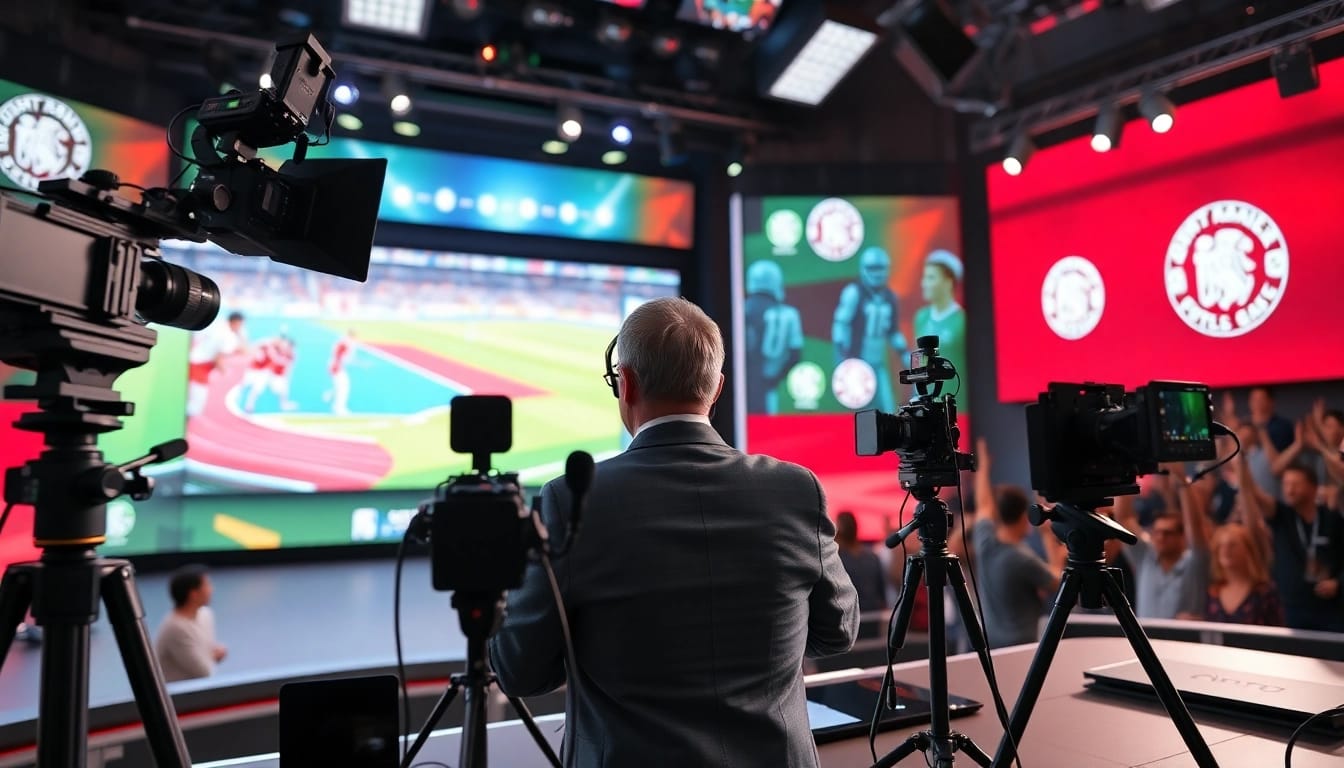 Presenter at a sports broadcasting studio highlighting the excitement of live sports broadcasting.