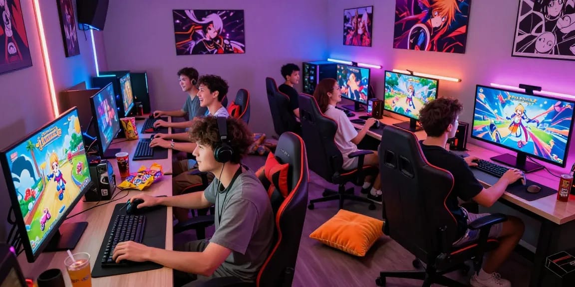 Inclusive gaming lounge scene showcasing friends enjoying hentai games, immersed in colorful, animated graphics and a vibrant atmosphere.