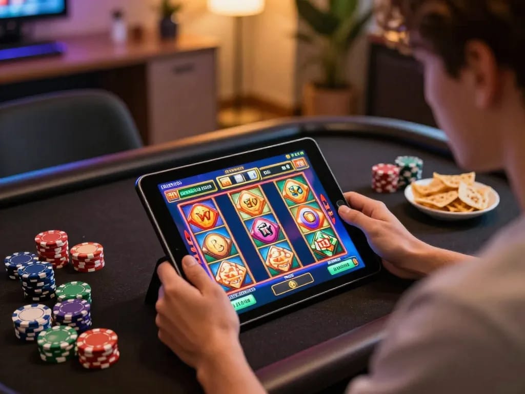 Player enjoying situs slot gacor game on tablet with vibrant graphics.