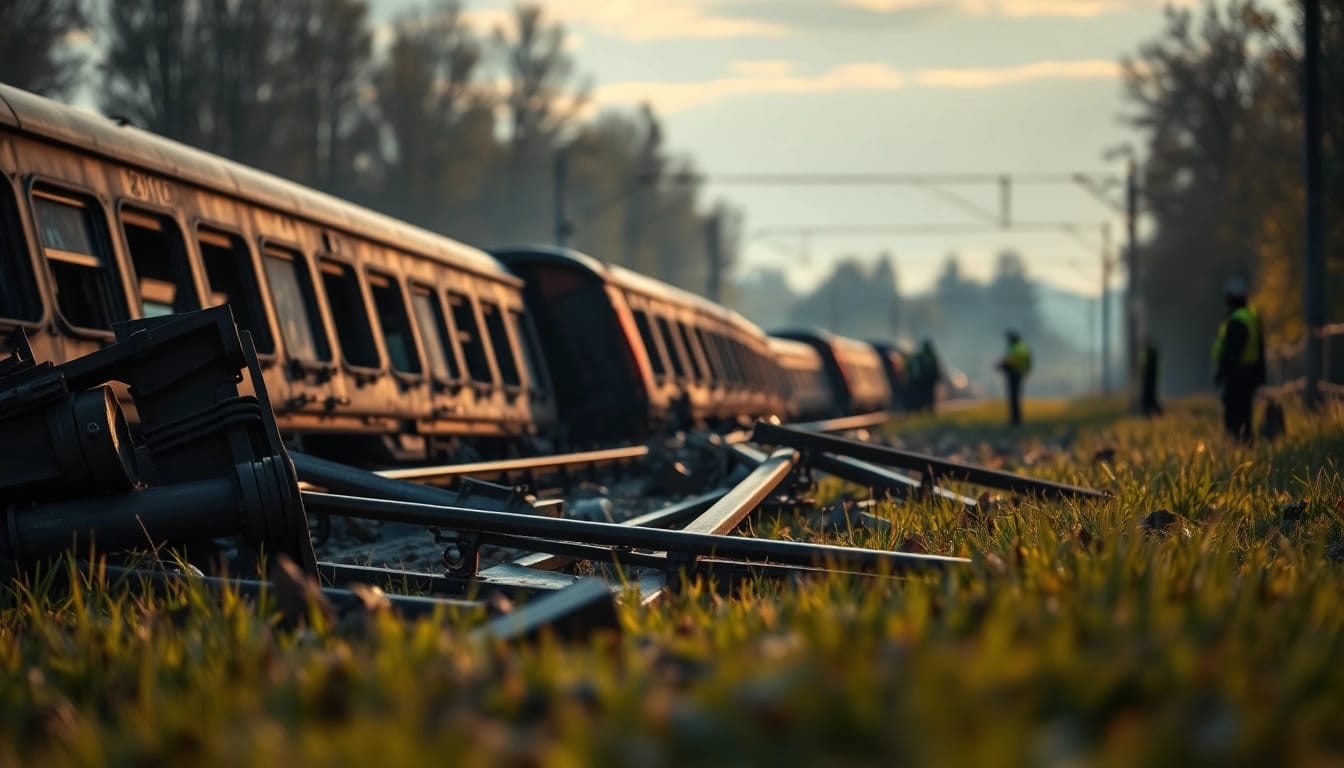 Scene depicting the aftermath of a spain train crash with emergency responders at work.
