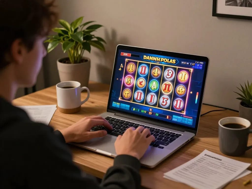 Engaging in slot gacor pagi ini with a vibrant online slots experience, featuring a player’s intense focus.