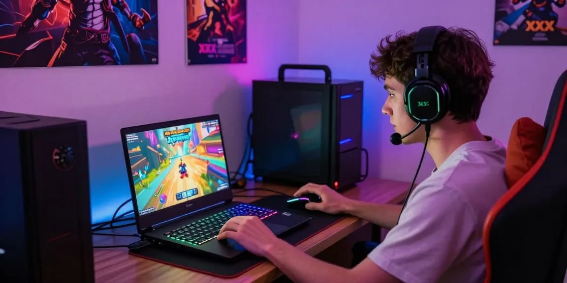 Engaged gamer playing xxx games in a vibrant, immersive environment.