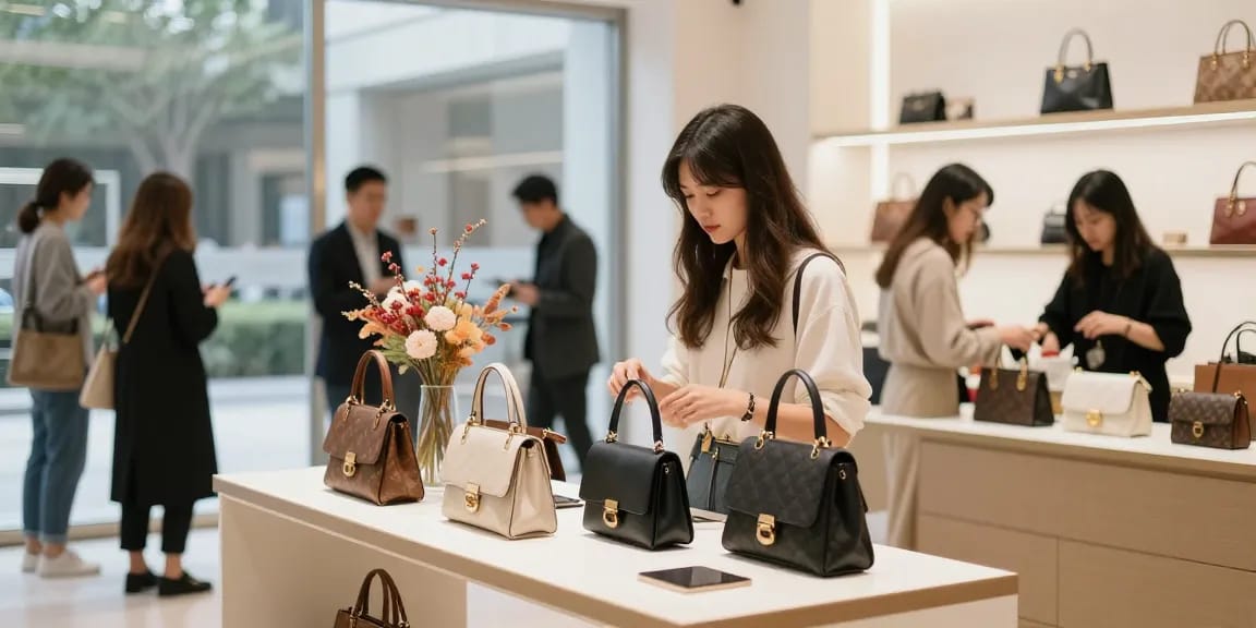 Explore high-quality 레플리카 사이트 handbags in a modern shopping setting, showcasing stylish designs.