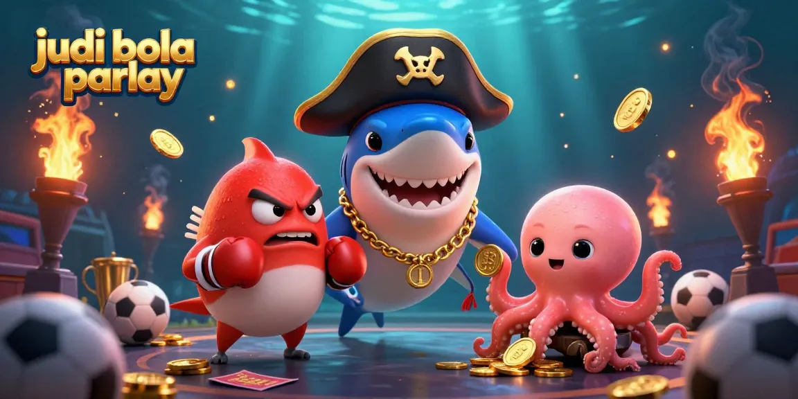 Engage in judi bola parlay with our vibrant illustration showcasing a pirate shark and friends amid sports betting elements.