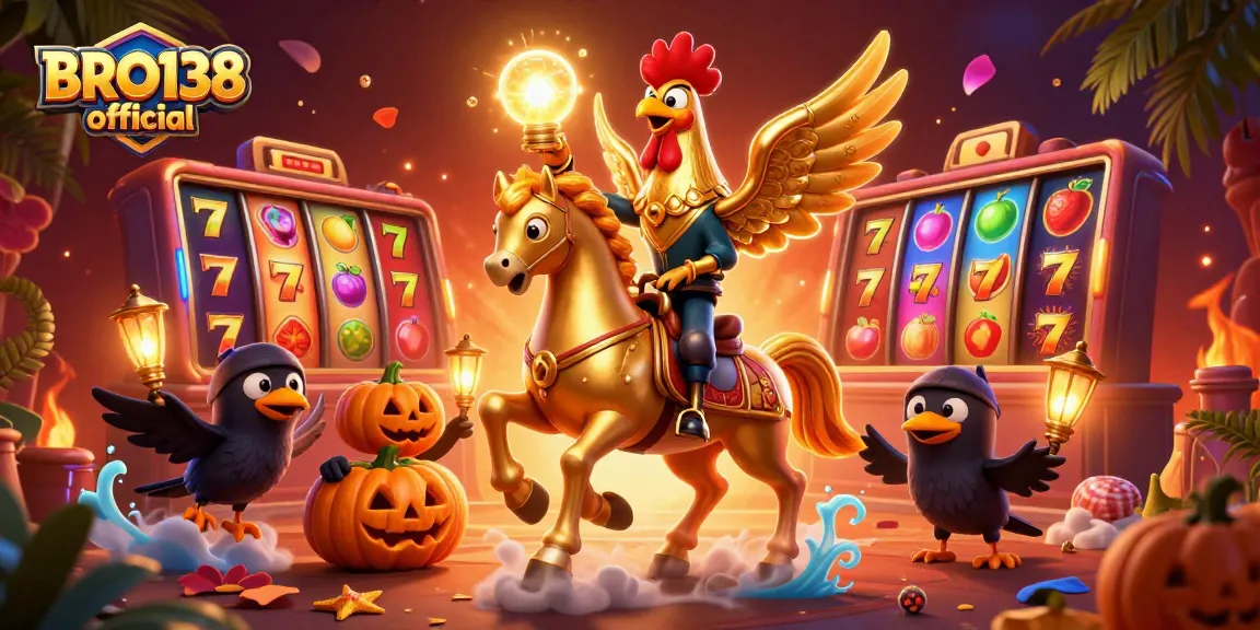 Engage with immersive slot action at BRO138 official, featuring a unique golden rooster in a thrilling casino scene.