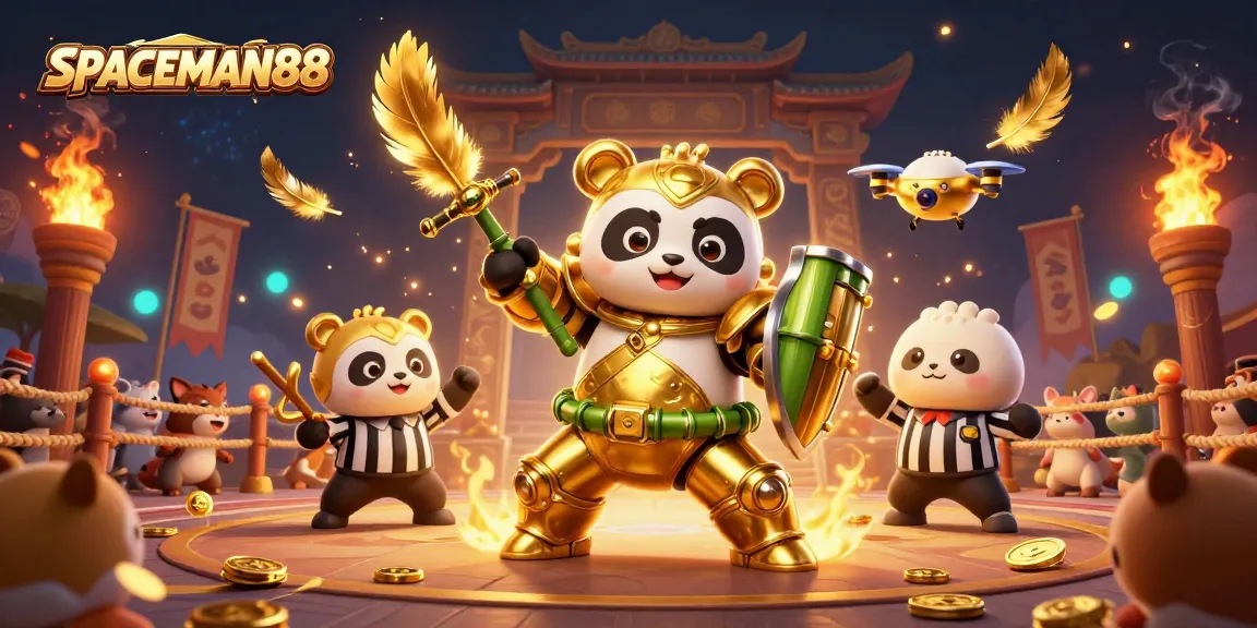 Engage with SPACEMAN88 in a vibrant cartoon casino arena with golden elements and interactive gameplay features.