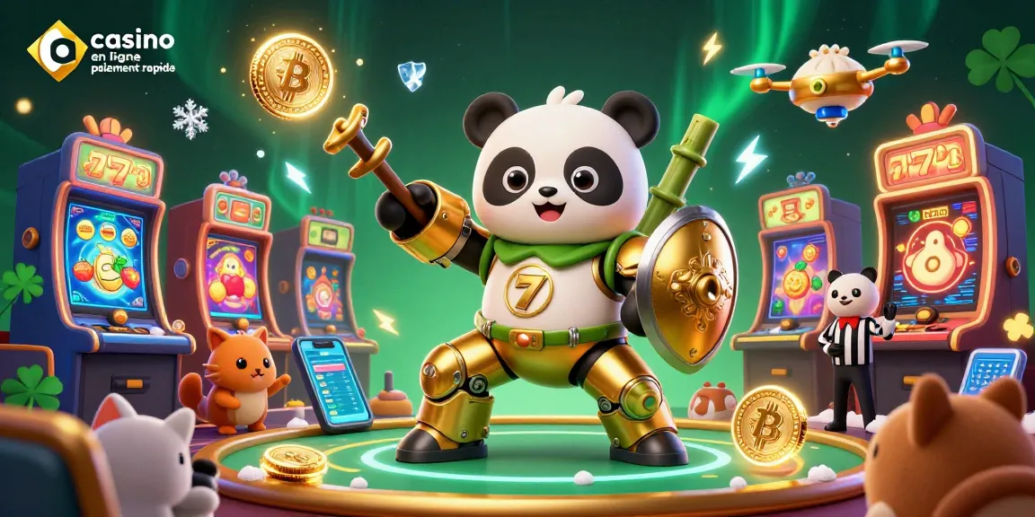 Casino en ligne paiement rapide : une illustration 3D dynamique montrant un panda en armure et des pièces de crypto-monnaies volantes.