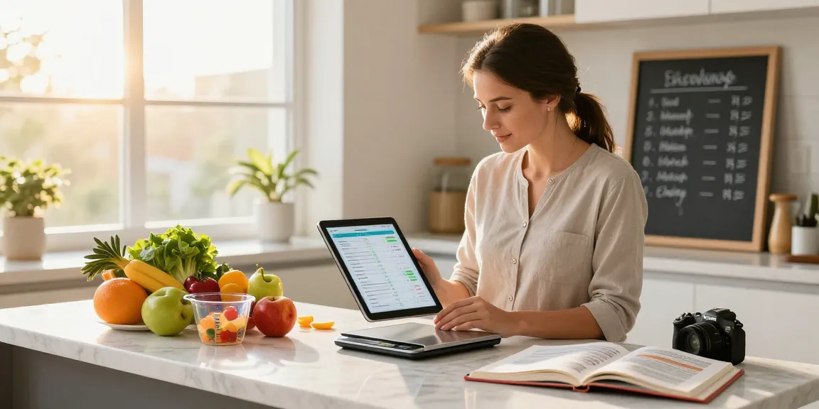 Nutritionist analyzing best food tracker data in a bright kitchen.