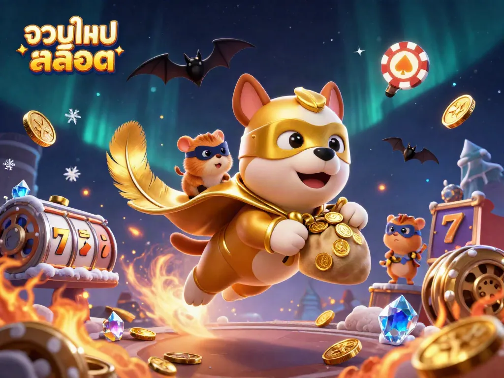 Engage with exciting รวมเกมสล็อต dynamic scene featuring a superhero dog and hamster amidst vibrant casino elements.