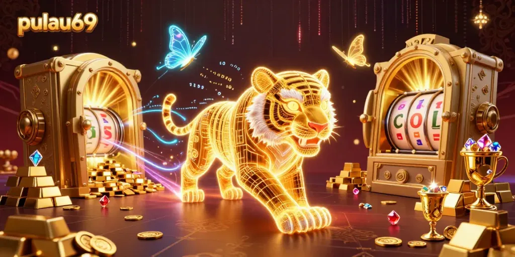 Experience wins at pulau69 with a vibrant digital casino scene filled with treasures and energetic characters.