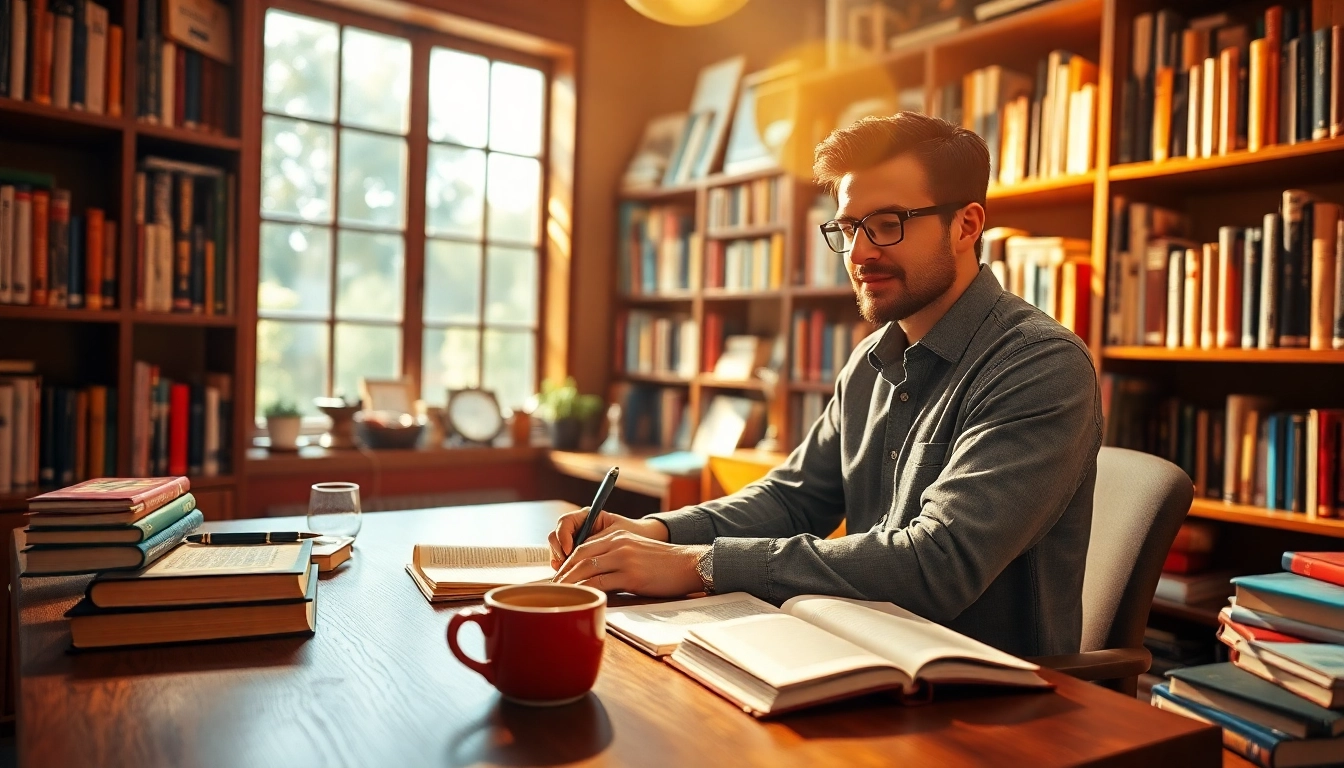 Author writing in a cozy office, surrounded by books, and creating original stories.