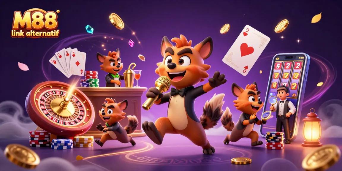 Experience M88 link alternatif with 3D hyenas entertaining in a vibrant casino setting.