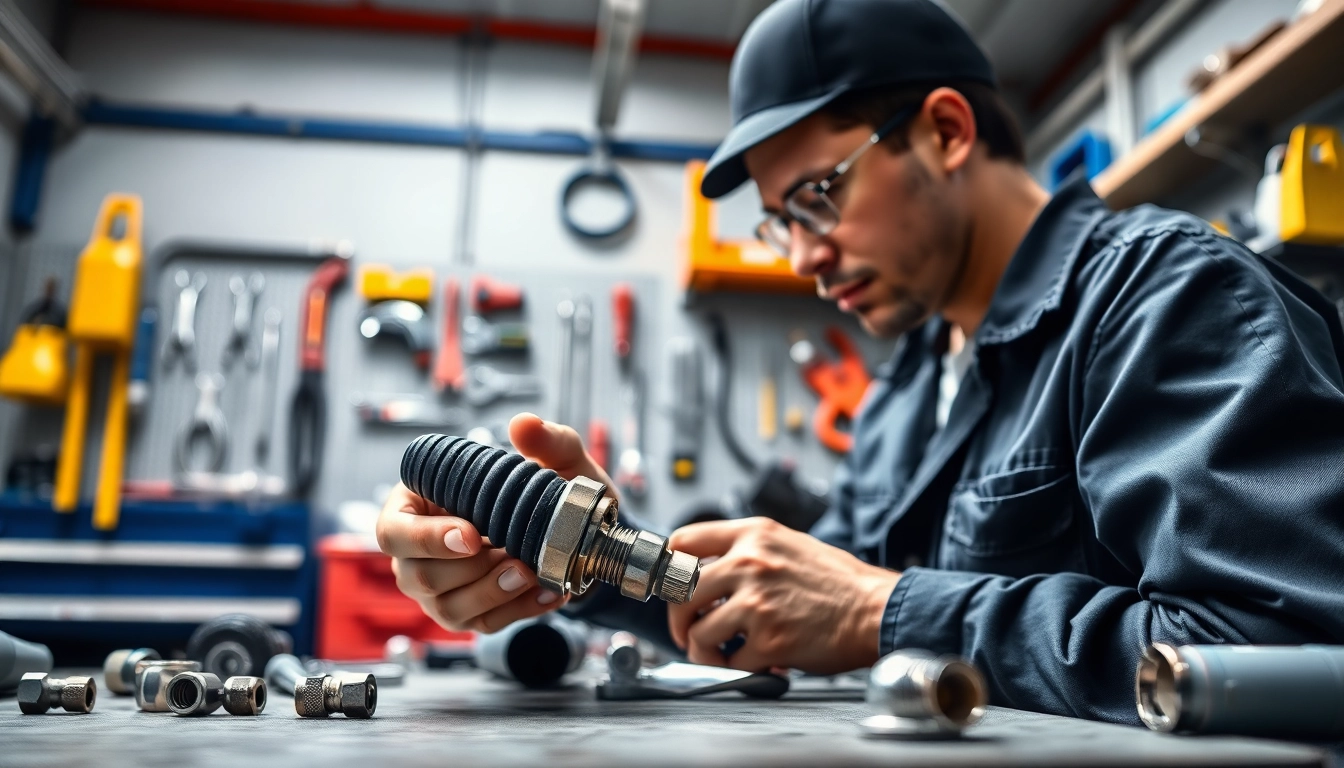 Technician performing hydraulic hose repair in a well-lit workshop environment.