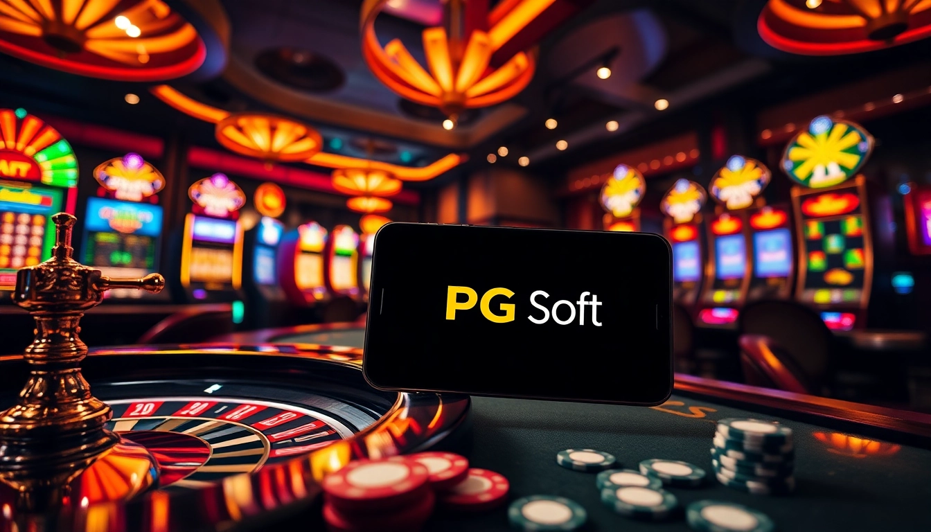 Exciting gaming scene featuring PG Soft on mobile devices amidst a vibrant casino atmosphere.