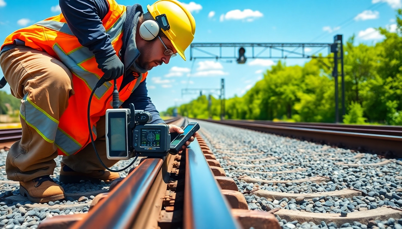 Inspecting rail tracks closely during track inspection process, showcasing detailed examination.