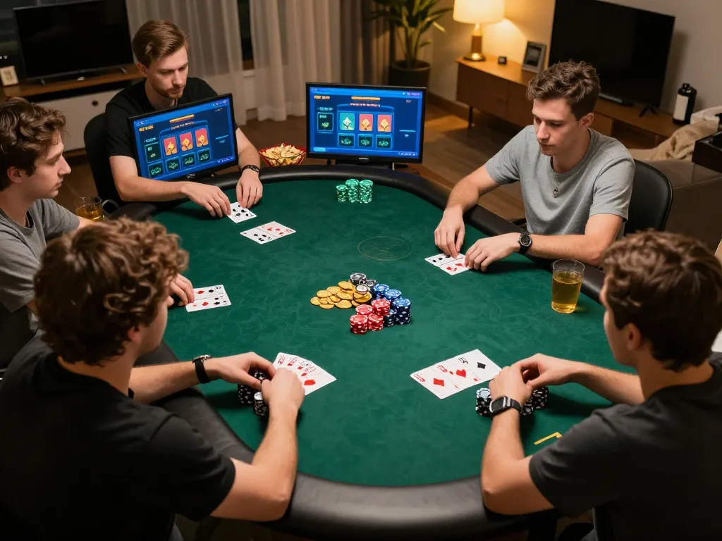 Engaged players enjoying tg88 online poker, showcasing strategy and social interaction in a lively setting