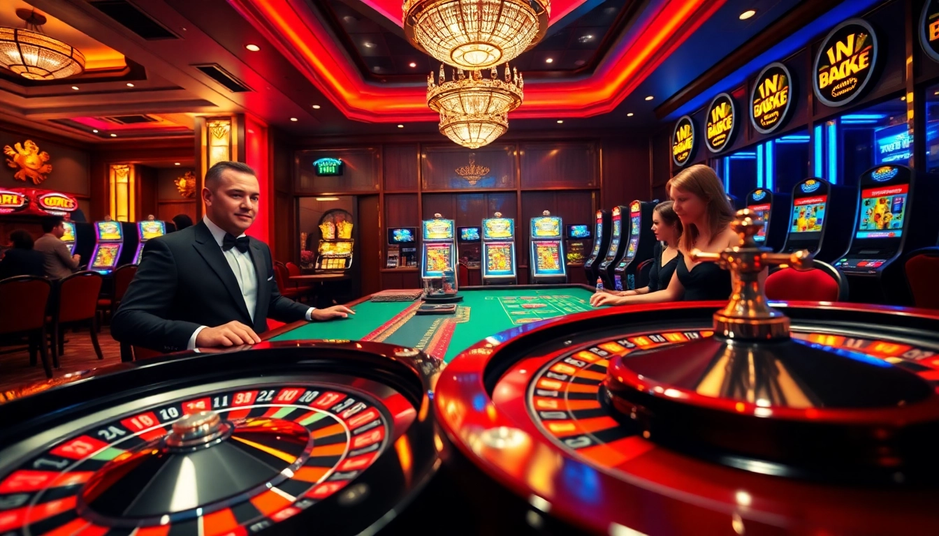 Betting at gtatogel casino with vibrant roulette and poker tables surrounded by slot machines.