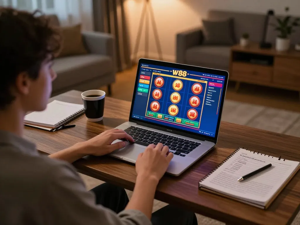 Engaging gameplay on w 88 slots showcased in a cozy home setup with warm lighting.