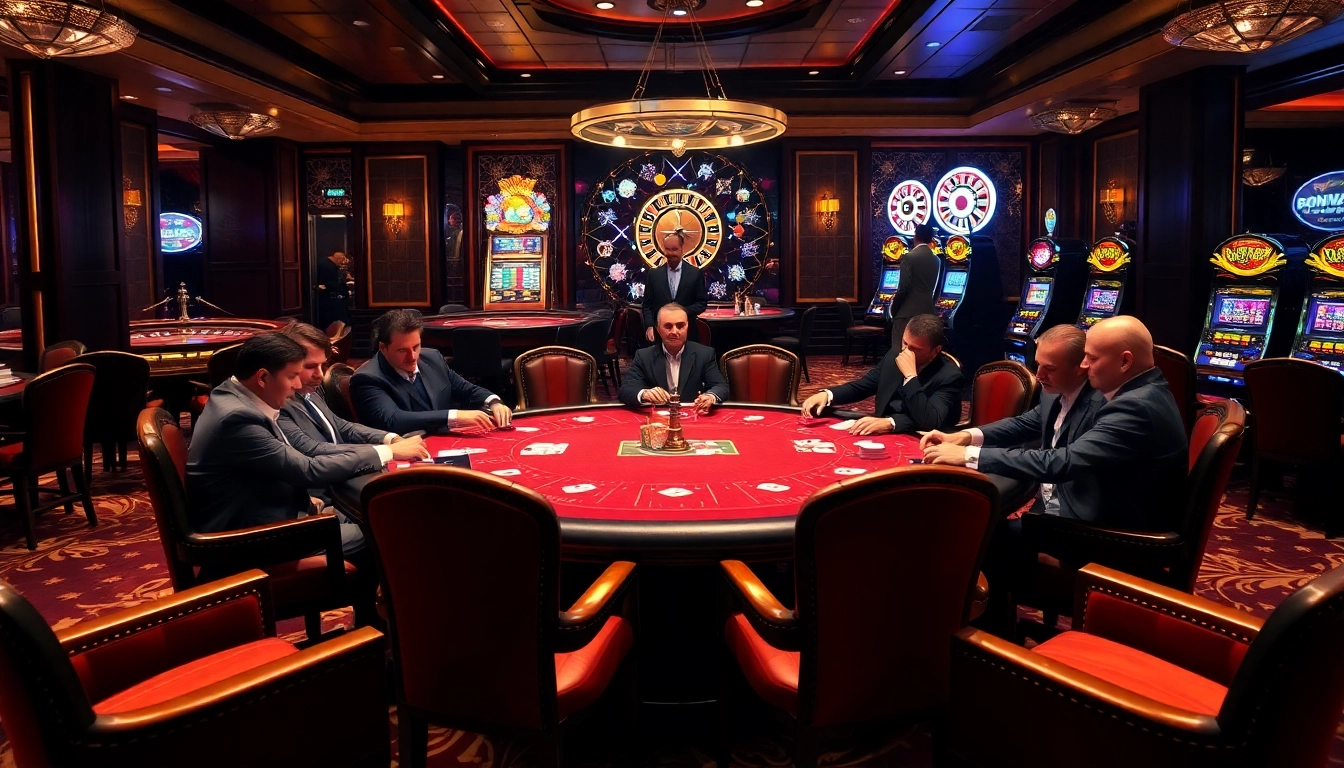 Vivez l'excitation sur un site de casino en ligne avec des joueurs autour d'une luxueuse table de poker.
