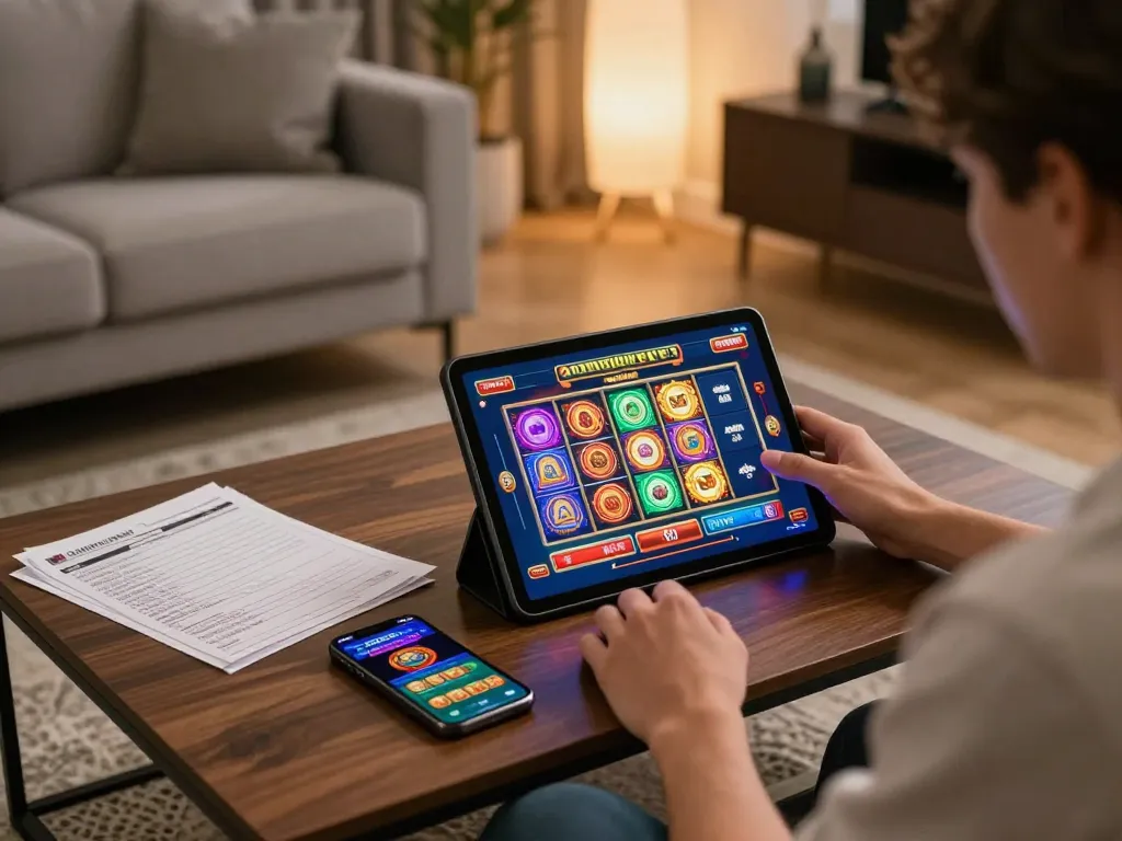 Engaging tablet gameplay at home focused on tg8 online casino strategy with colorful graphics and cozy atmosphere.