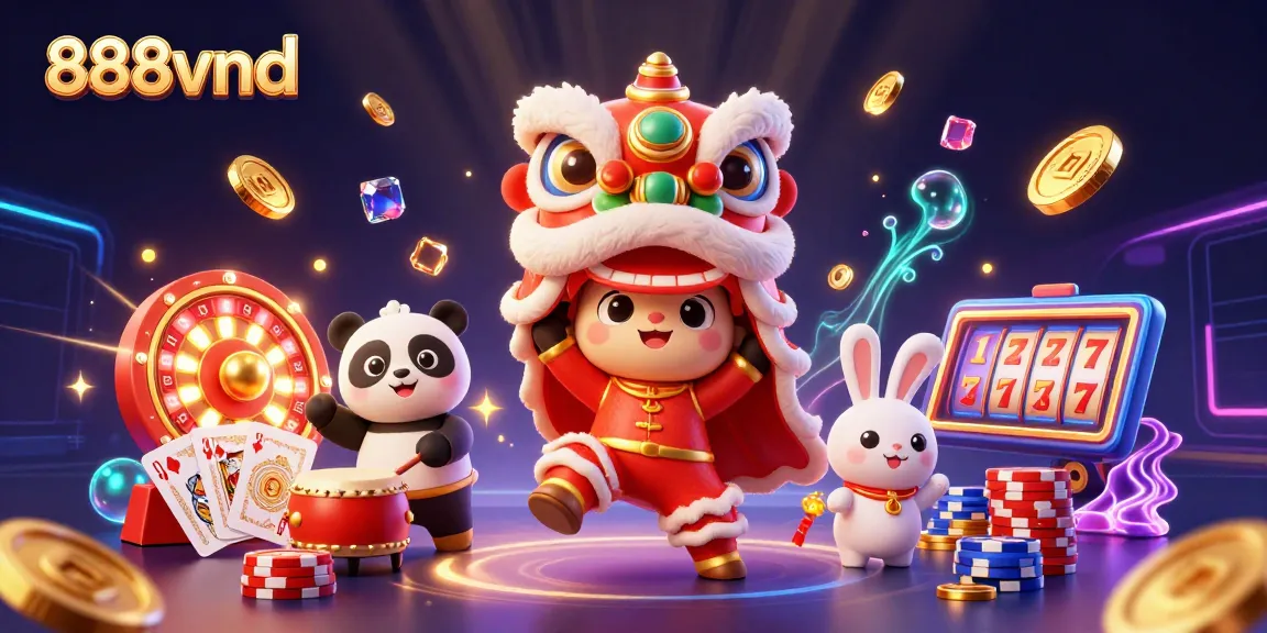 Win big with 888vnd in a vibrant casino scene featuring lively Chinese New Year characters.