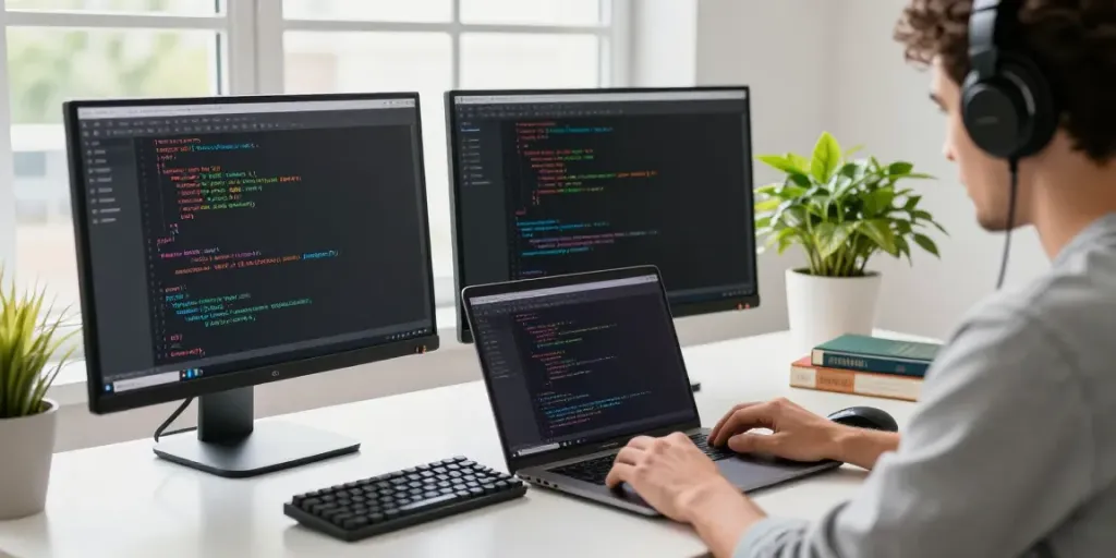 A developer coding in Notepad++ in a bright modern office space, featuring dual monitors, a mechanical keyboard, and a vibrant plant.