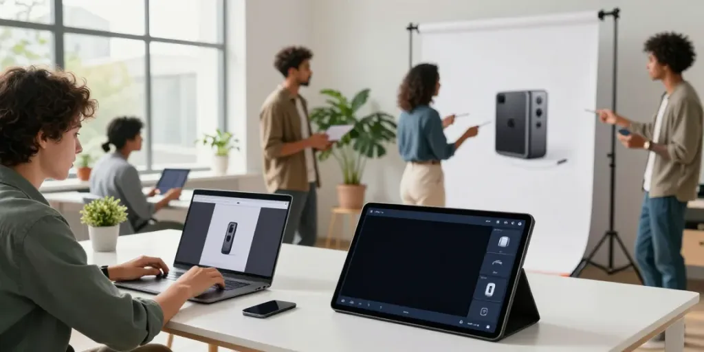 AI product photo generator showcased in a vibrant e-commerce workspace.