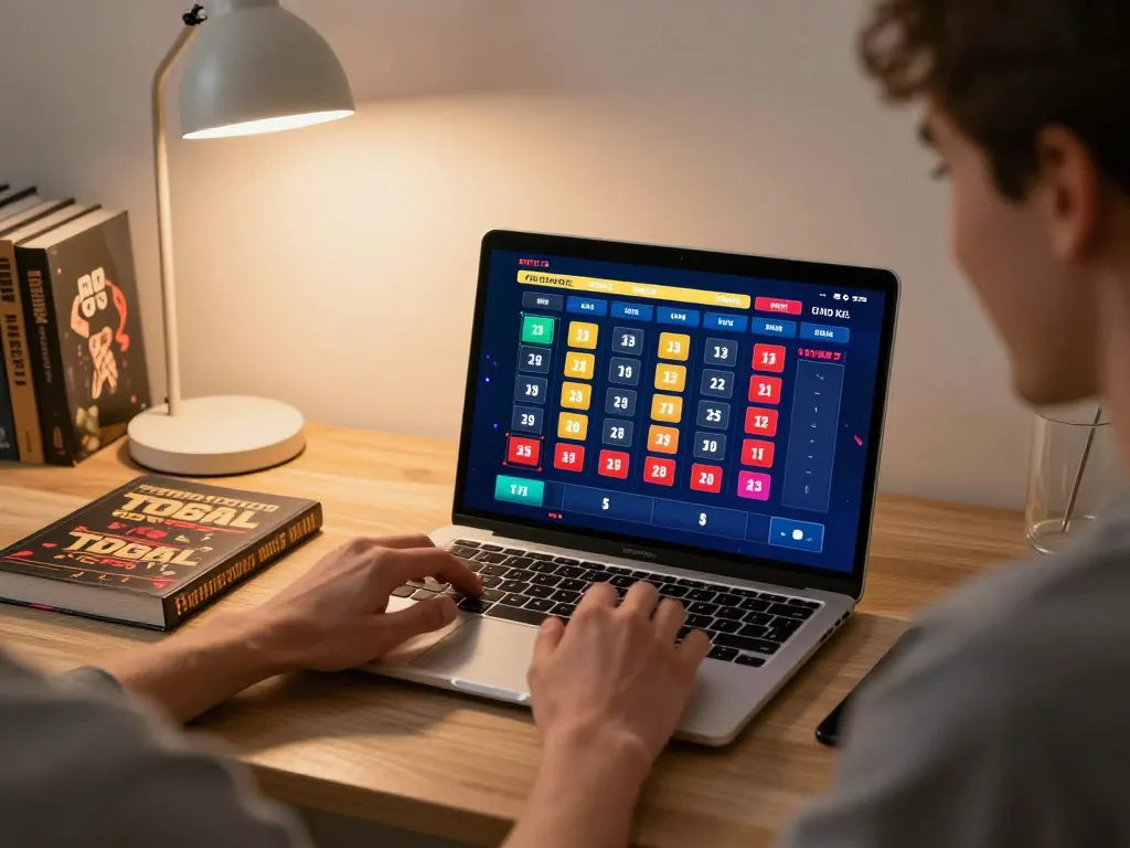 Kegembiraan taruhan toto togel di laptop dengan antarmuka berwarna-warni dan buku strategi