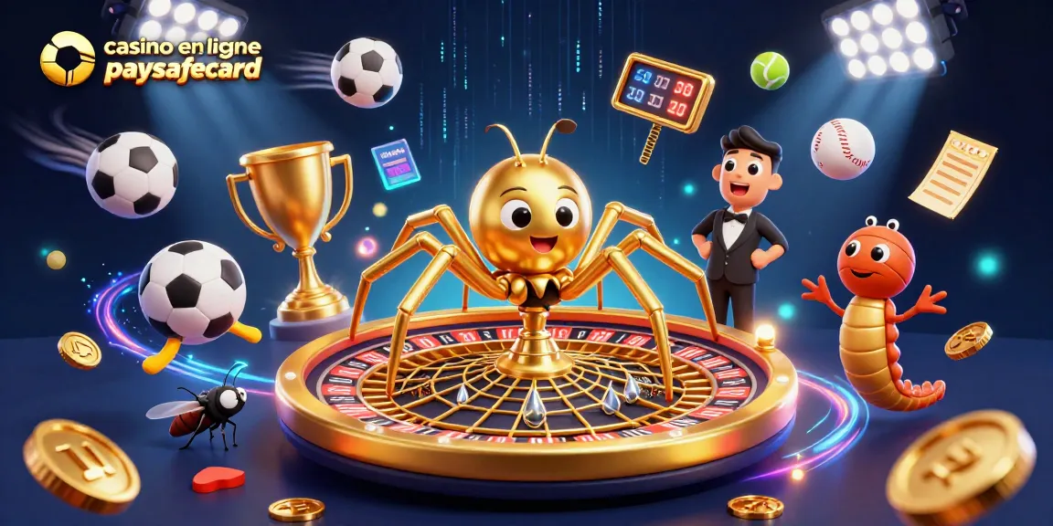 Jouer sur un casino en ligne paysafecard avec une araignée dorée et un croupier centipède dans une scène dynamique.