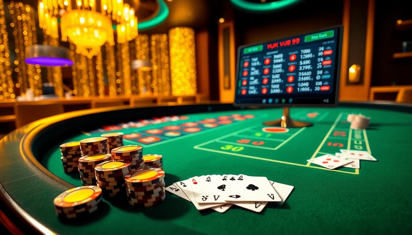 Experience luxury gaming with vua99 at a vibrant roulette table adorned with poker chips and cards.