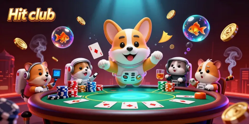 Hit club offers an immersive gaming experience with playful characters in a vibrant casino scene.
