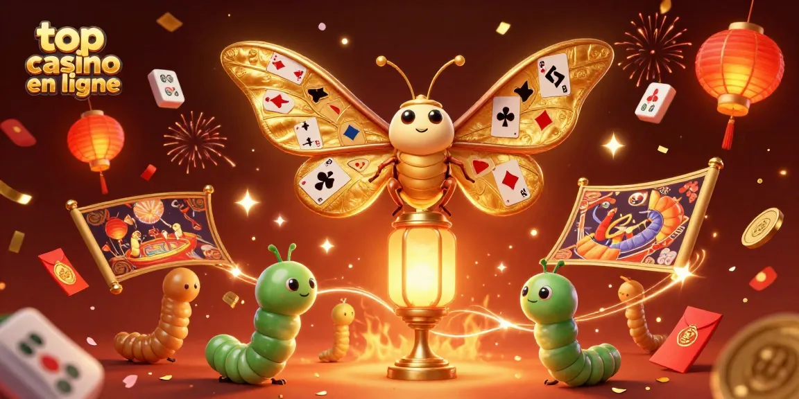 Découvrez le top casino en ligne avec des éléments vibrants comme des cartes, des lanternes, et des tapisseries dorées.