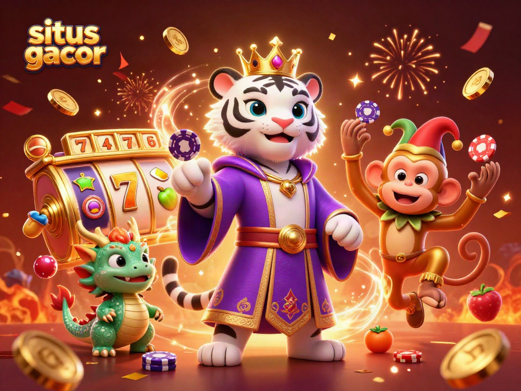 Experience the excitement of situs gacor with vibrant slot reels and playful characters in a dynamic casino scene.