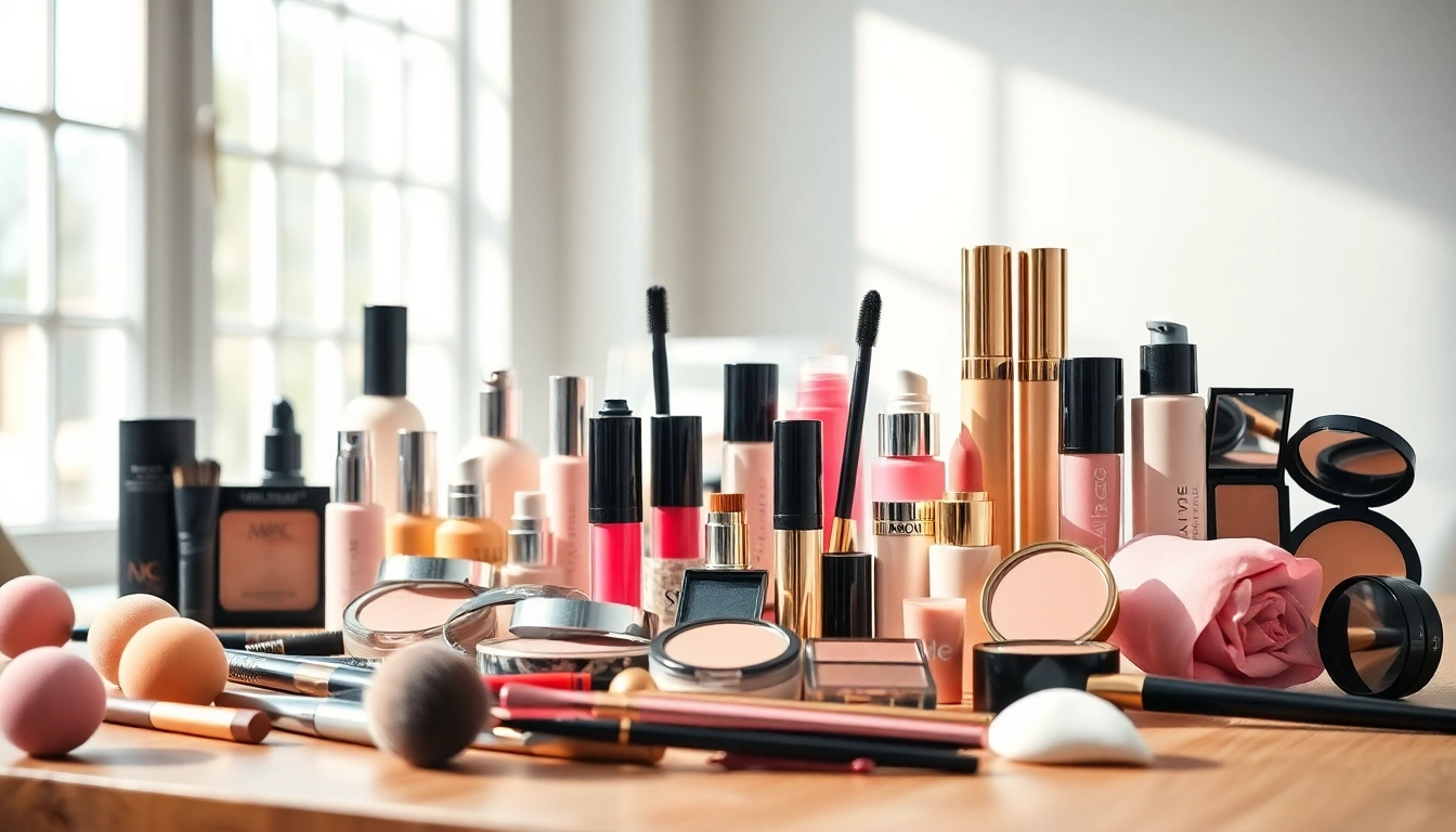 Showcase of diverse makeup wholesale products beautifully arranged on a wooden table.